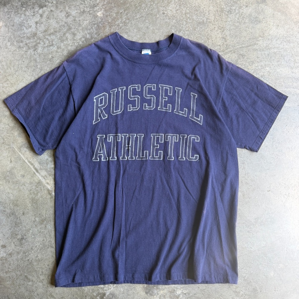VTG  Russell Athletic Navy Blue Spellout Faded Graphic T Shirt USA Made Mens XL
